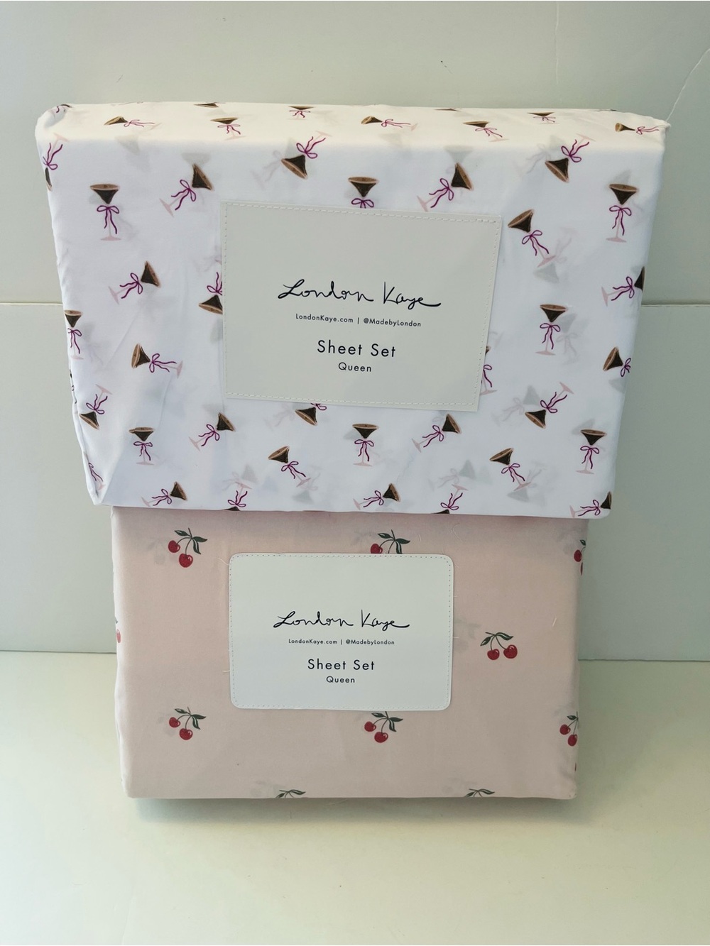 London Kaye Queen Sheet Sets Lot of 2 Petite Cherries & Cafe Espresso Martini